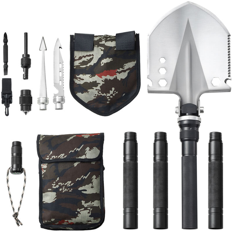 Pelle de survie 13 en 1 - Outil multifonction pliable pour le camping, la randonnée et les urgences, de qualité militaire et compacte - Mophorn