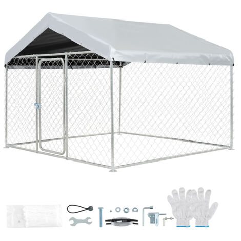 Mophorn Perrera de Exterior 2 x 2 x 1,6 m, recinto para perros con puerta de cierre seguro, cubierta resistente al agua, estructura de metal galvanizado, espacio cercado para perros grandes en patio