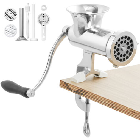 Mophorn Picadora de carne manual : picadora manual de acero inoxidable 304 con abrazadera de acero para mesa, máquina para hacer salchichas, 2 placas de corte, accesorio para galletas y tubo para salc