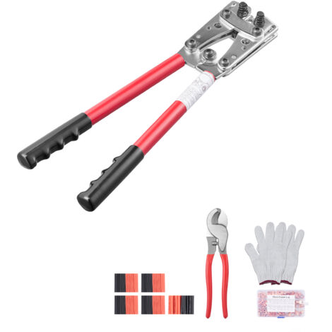 Mophorn Pinza crimpatrice per terminali di cavi per batterie, 10-1/0 AWG con tagliacavi e 95 terminali ad anello in rame, 6 matrici di crimpatura e 100 tubi termorestringenti, pinza crimpatrice