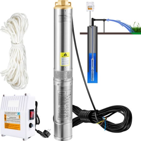 Mophorn Pompe submersible pour puits profonds , 370 W, 230 V, 110 l/min, hauteur de refoulement de 44 m, cordon de 20 m, acier inoxydable, etancheite IP68, avec boitier de commande pour usage industri