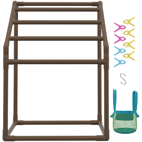 Mophorn Pool Towel Rack, 5 Bar, Brown. Freestanding outdoor PVC trapezoidal organizer. Comes with 8 towel clips, mesh bag, hook. Stores floats and paddles.