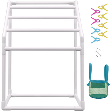 Mophorn Porta asciugamani da piscina, 5 barre, Organizzatore portaoggetti trapezoidale in PVC per esterni indipendente a bordo piscina. Include 8 clip per asciugamani, borsa a rete, gancio