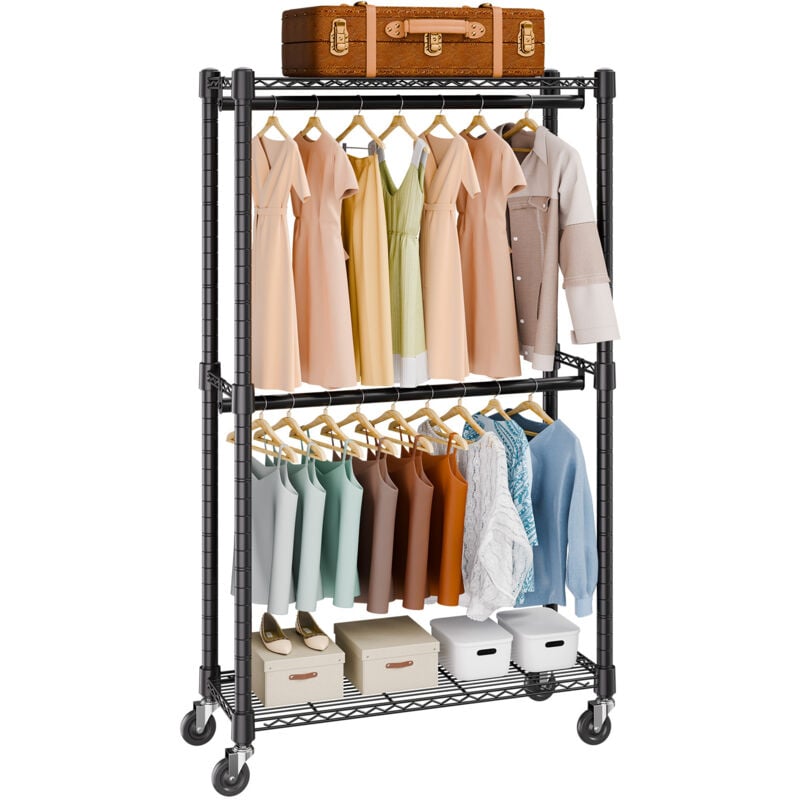 Portant à vêtements robuste , doubles tiges de suspension, tube en acier épais de 1' de diamètre, peut supporter jusqu'à 300 lb, porte-vêtements avec