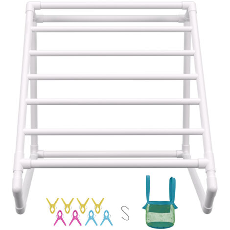Mophorn Portasciugamani da piscina a 8 barre, Organizzatore triangolare per riporre gli asciugamani da esterno in PVC, 8 clip per asciugamani, Borsa a rete, Gancio, Contiene galleggianti e pagaie
