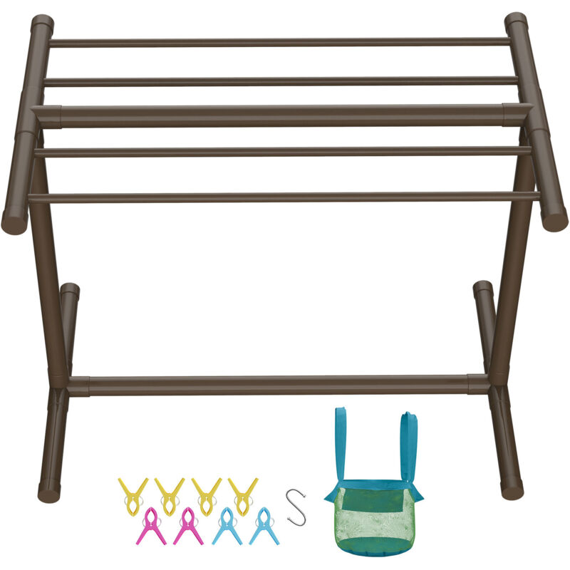 Mophorn - Porte-serviettes de piscine, 5 barres, marron, organiseur en pvc t pour extérieur, avec 8 pinces, sac en filet, crochet pour plage, piscine