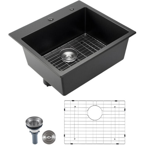 Mophorn Postazione di lavoro con lavello da cucina da 63 cm, lavello in granito da montare sull'alto, lavabo a una vasca da incasso con accessori, ideale per camper, cucine di preparazione e bar