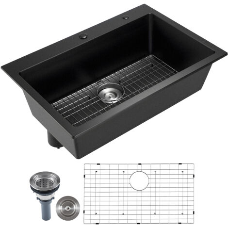 Mophorn Postazione di lavoro con lavello da cucina da 84 cm, lavello in granito da montare sull'alto, lavabo a una vasca da incasso con accessori, ideale per camper, cucine di preparazione e bar