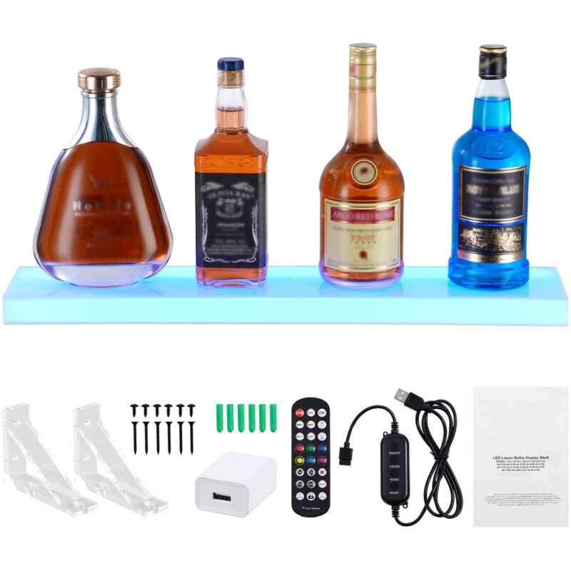 Mophorn Présentoir à bouteilles d'alcool éclairé à LED - Illuminez votre bar L'étagère de bar à domicile éclairée à 1 niveau de 24 pouces à fixation