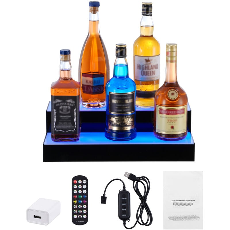 Mophorn - Présentoir à bouteilles d'alcool éclairé par led, étagère de bar commerciale à 2 niveaux de 16 pouces, étagères à boissons en acrylique