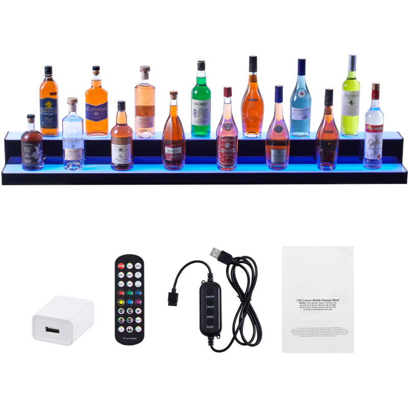 Mophorn Présentoir à bouteilles d'alcool éclairé par LED, étagère de bar commerciale à 2 niveaux de 60 pouces, étagères à boissons en acrylique avec