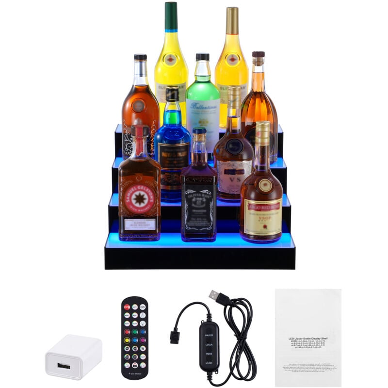 Mophorn - Présentoir à bouteilles d'alcool éclairé par led, étagère de bar commerciale à 4 niveaux de 16 pouces, support de casier à whisky à 4