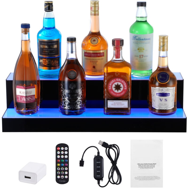 Mophorn - Présentoir à bouteilles d'alcool éclairé par led, étagère de bar commerciale éclairée à 2 niveaux de 24 pouces. Support à whisky à 2