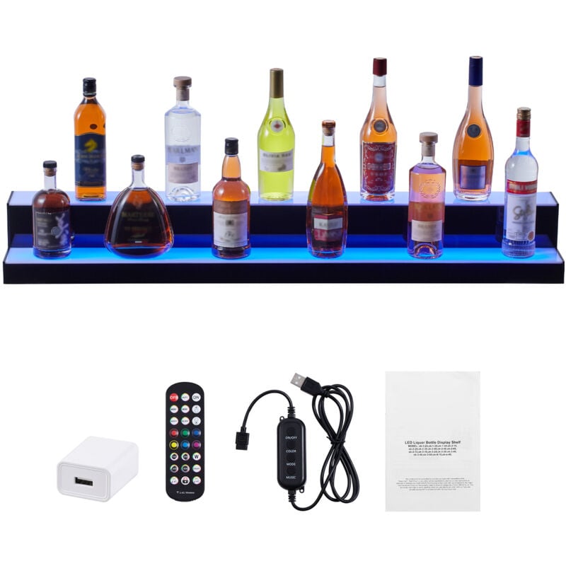 Mophorn - Présentoir à bouteilles d'alcool éclairé par led, étagère de bar commerciale éclairée à 2 niveaux de 48 pouces, support à whisky à 2