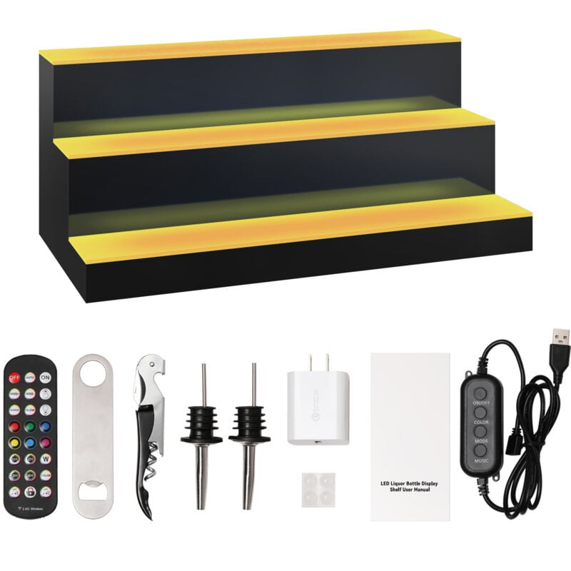 Mophorn - Présentoir de bouteilles d'alcool à 3 niveaux de 61 cm avec éclairage led, support à whisky en 3 étapes, éclairage multicolore, avec