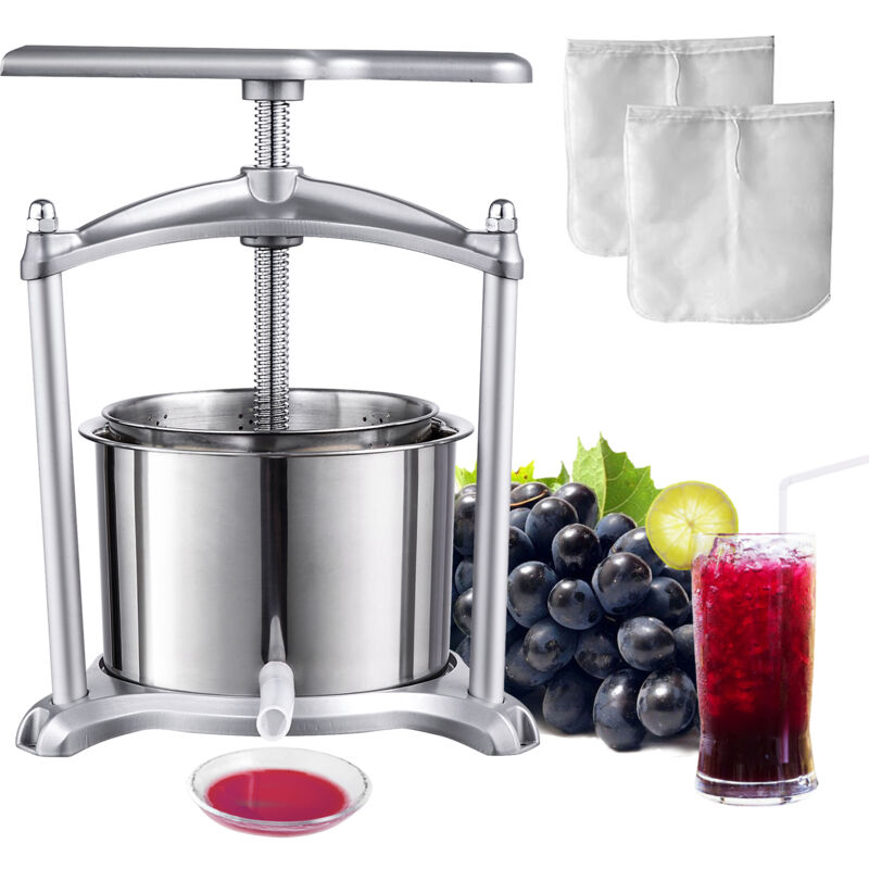 Presse à fruits et à vin 1,5 Gal/5,5 l, 2 barils en acier inoxydable, presse-agrumes manuel, presse à huile d'olive pour cidre, pomme, raisin,
