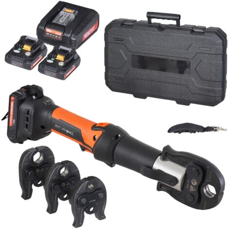 Mophorn Presswerkzeug und Akku-Set, Elektrisches Rohr-Crimpwerkzeug, Pro-Presswerkzeug mit V15-, V22-, V28-Backen, 2 Stück 20-V-2,0-Ah-Akku, Schnellladegerät, Tragetasche