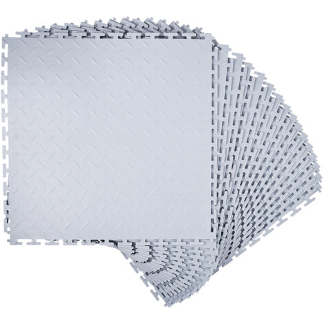 Mophorn PVC Garagenboden, 16er-Pack 513x513x5 mm, Bodenbelag für Werkstatt und Industrie, einfache Klick-Verlegung, rutschfeste PVC-Matten mit Diamantmuster, geeignet für Lager, Werkzeugraum, Hellgrau