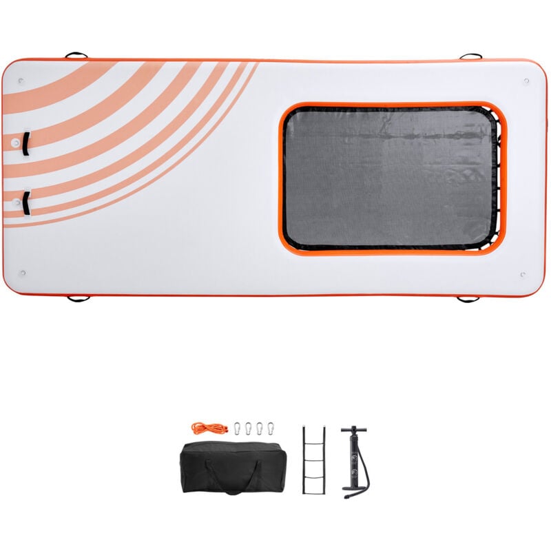 Quai flottant gonflable 15x6,5 pieds, plate-forme antidérapante avec piscine en maille trampoline 4x6 pieds, sac portable et échelle amovible pour