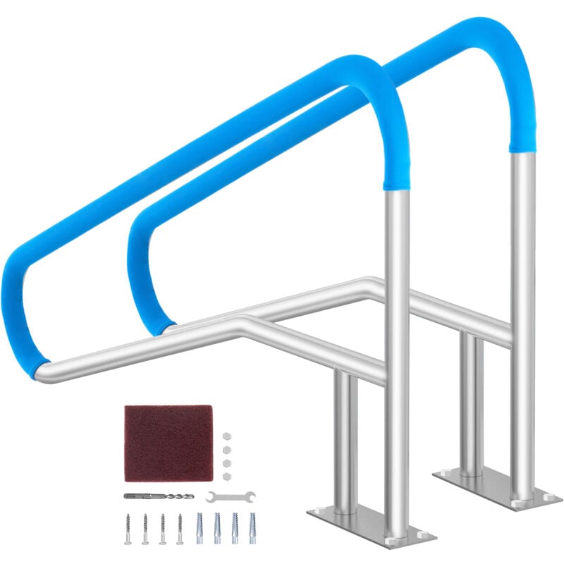 Rampe de piscine, 2 pièces 55 x 32 pouces en acier inoxydable avec plaque de base, barre d'appui antirouille avec couvercle de poignée et accessoires