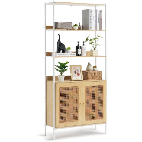 Mophorn Rattan Bookshelf, 2-Door Ladder Shelf, Freestanding Storage Rack, Open Bookcase Organizer for Office, Library, Study, Natural Color