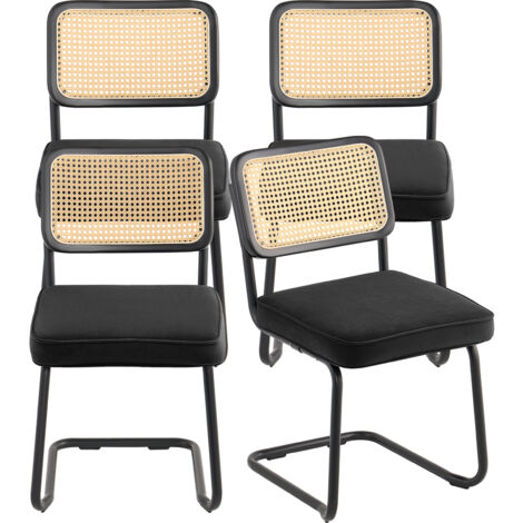 Mophorn Rattan-Stühle, 4er-Set, moderner Esszimmerstuhl aus der Mitte des Jahrhunderts, gepolsterter Akzentstuhl aus Samt mit Rattan-Rückenlehne, für Wohnzimmer, Schlafzimmer usw., Schwarz