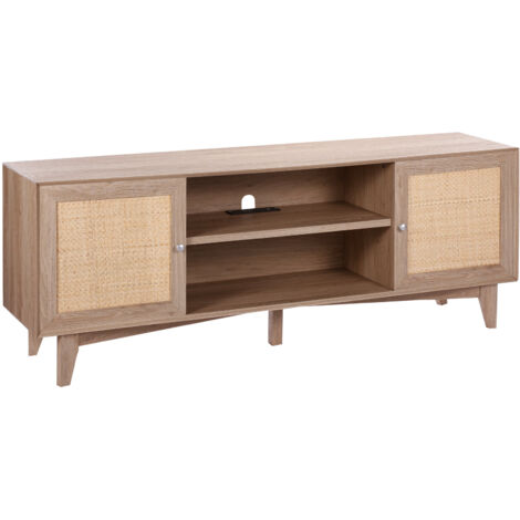Mophorn Rattan-TV-Ständer mit integrierter Halterung für Bildschirme bis 75 Zoll, Eichenholz-Finish