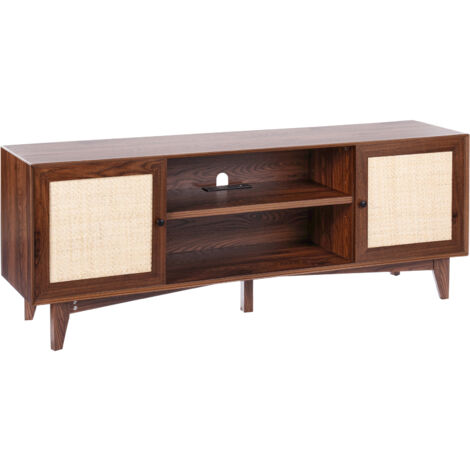 Mophorn Rattan-TV-Stnder 191cm Fernseher Boho-TV-Schrank Fernsehschrank Walnuss