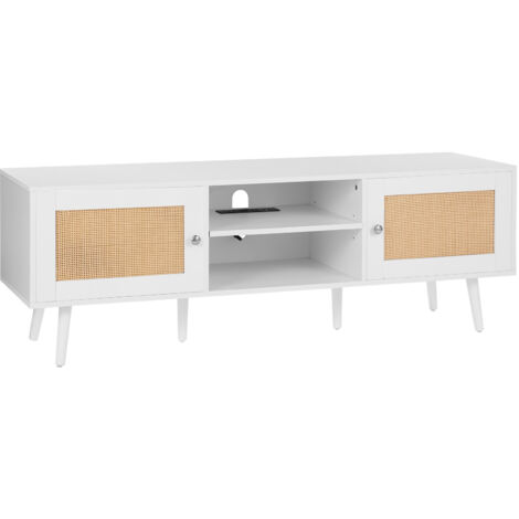 Mophorn Rattan-TV-Stnder für 165 cm Fernseher, Boho-TV-Stnder mit Rattantür, Fernsehschrank mit eingebauter Steckdose und USB-Anschlüssen, moderne TV-Konsole für Wohnzimmer, Medienraum, wei