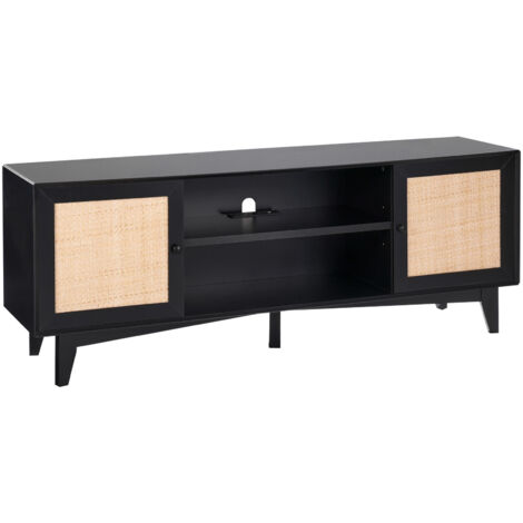 Mophorn Rattan-TV-Stnder für 191 cm Fernseher, Boho-TV-Stnder mit Rattantür, Fernsehschrank mit eingebauter Steckdose, Lagerschrank mit 2 Regalen, moderne TV-Konsole für Wohnzimmer, Schwarz