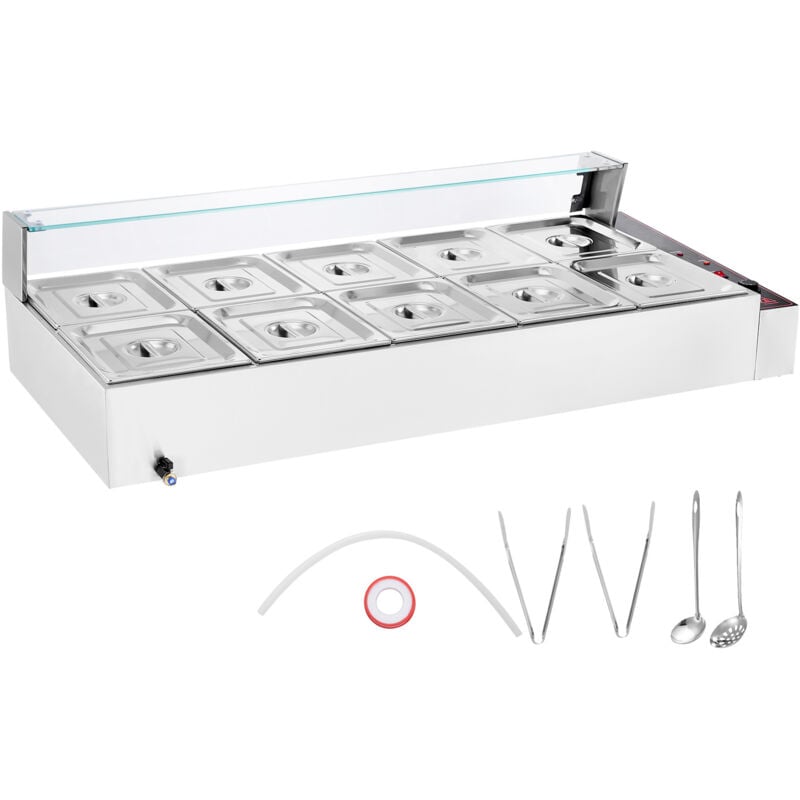 Mophorn - Réchauffeur de nourriture commercial à 10 poêles, comptoir de 1700 w en acier inoxydable Buffet Bain Marie, 10 x 8 qt table à vapeur