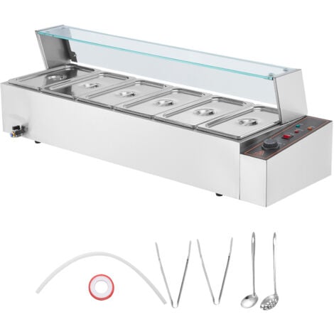 Mophorn Réchauffeur de nourriture commercial à 6 poêles, comptoir de 1500 W en acier inoxydable Buffet Bain Marie, 6 x 5 QT table à vapeur électrique argentée avec couvercle en verre