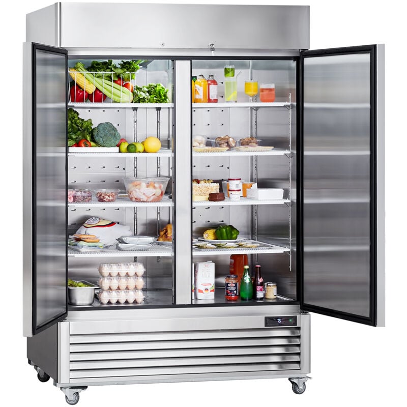 Mophorn - Réfrigérateur commercial de 38,83 pi³, réfrigérateur vertical à 2 portes. Acier inoxydable, dégivrage automatique, 6 étagères. Contrôle de