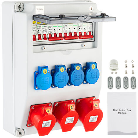 Mophorn  Répartiteur d'alimentation mural, plastique ABS, tableau de distribution avec 4 prises Schuko 230 V/16 A, 2 prises CEE 400 V/16 A, 1 prise CEE 400 V/32 A, disjoncteur 5 broches, 1/3 broches