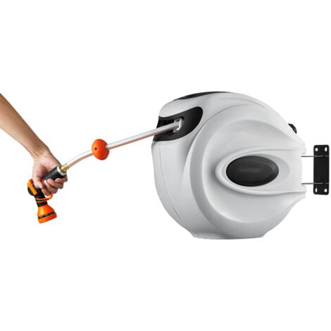 Mophorn Retractable Garden Hose Reel - 1/2" x 131.23 ft Wall - Mounted Heavy with 9 - Pattern Nozzle, Any - Length Lock, Auto - Rewind Slow Return System, and 180° Swivel Bracket