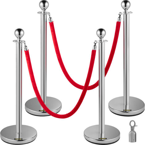 Mophorn Retractable Queue Control Barrier Post - Silver Round Top, Stanchion with 1.5M Red Rope, Crowd Control