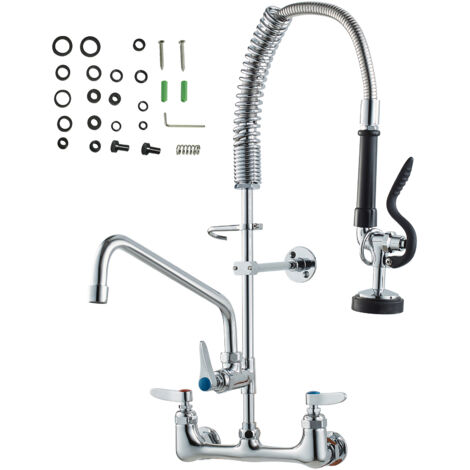 Mophorn Robinet commercial avec pulvérisateur de pré-rinçage, hauteur de 25 po, centre de 8 po, bec pivotant de 12 po, robinet d'évier mural en laiton avec douchette rétractable