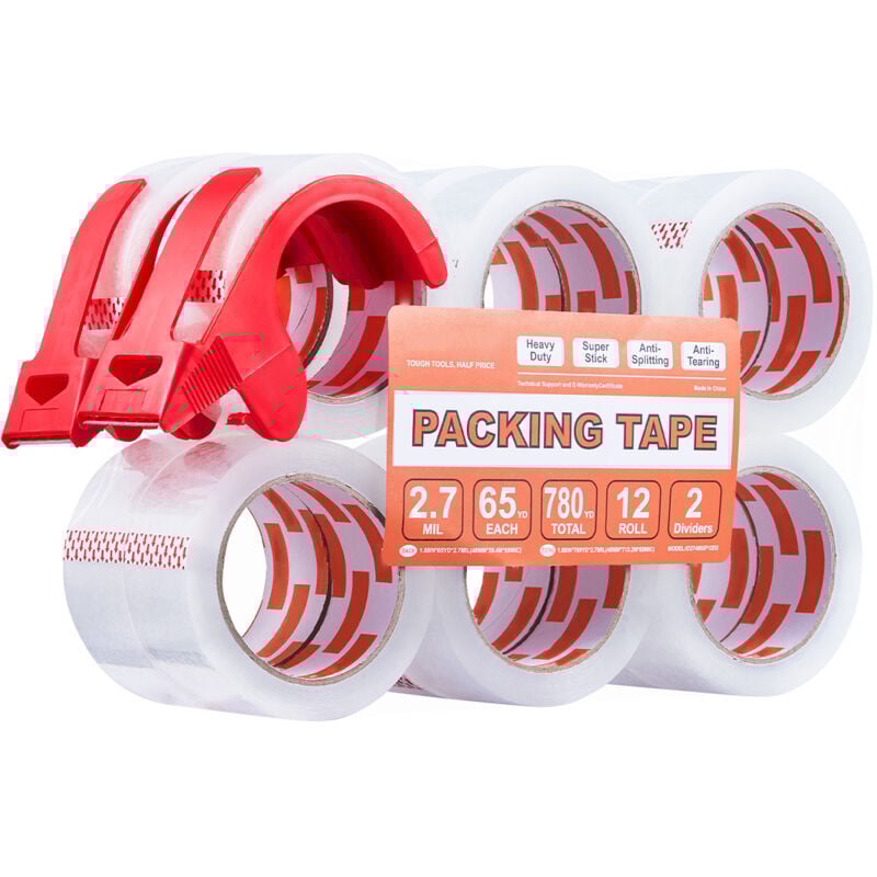 Mophorn - Ruban d'emballage transparent, noyau de 3 pouces, 12 rouleaux de 1,88 po x 65 verges, ruban d'emballage robuste de 2,7 mil avec distributeur