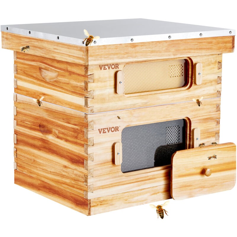 Mophorn - vevor Ruche deabeilles, 20 cadres, bois de cedre enduit de cire deabeille, 1 boite profonde 1 moyenne, kit ruche Langstroth, fenetres