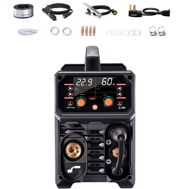 Image of Saldatrice mig Pro, saldatrice mig pulsata da 250 Amp. Saldatrice sinergica 5 in 1 con tecnologia inverter igbt e schermo lcd. Saldatura mig