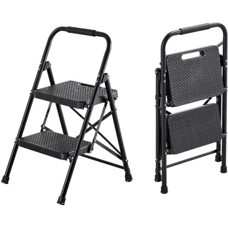Mophorn Scala pieghevole domestica a 2 gradini con pedali antiscivolo e impugnatura ergonomica, struttura in acciaio leggera e portatile con capacità di 272 kg, ideale per cucina e casa, colore nero