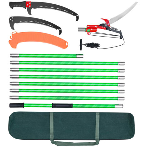Mophorn Scie à élaguer télescopique, 2,15-8,09 m, scie sur perche manuelle avec lame en acier affûtée, équipée de ciseaux et 8 perches en fibre de verre, outil pratique pour tailler branches