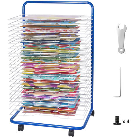 Mophorn Séchoir à œuvres d'art - 25 étagères amovibles, 23,75 x 17,5 x 38 pouces, roues verrouillables, acier au carbone pour œuvres d'art, bleu + blanc