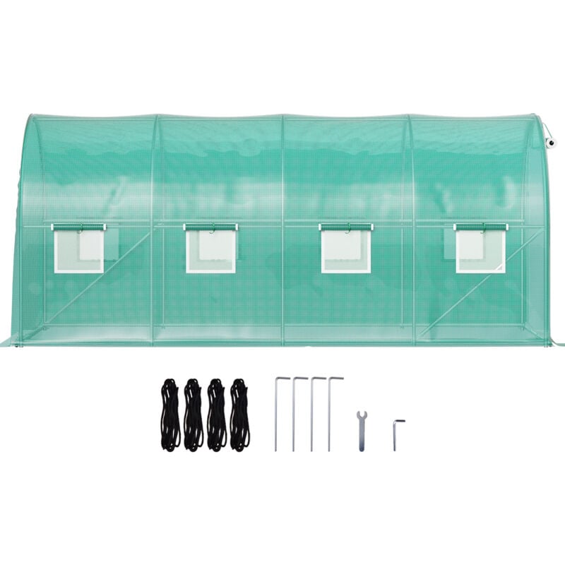 Serre tunnel de plain-pied 15x7x7ft Serre portable pour plantes avec cerceaux en acier galvanisé Portes à glissière 8 fenêtres enroulables Vert