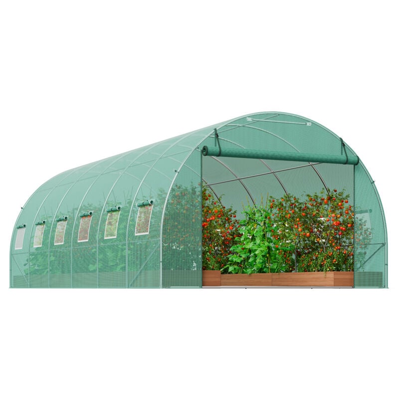 Serre tunnel de plain-pied, 19,4 x 9,7 x 6,5 pieds, cadre en acier galvanisé, couverture en pe vert, porte à glissière enroulable, 12 fenêtres pour