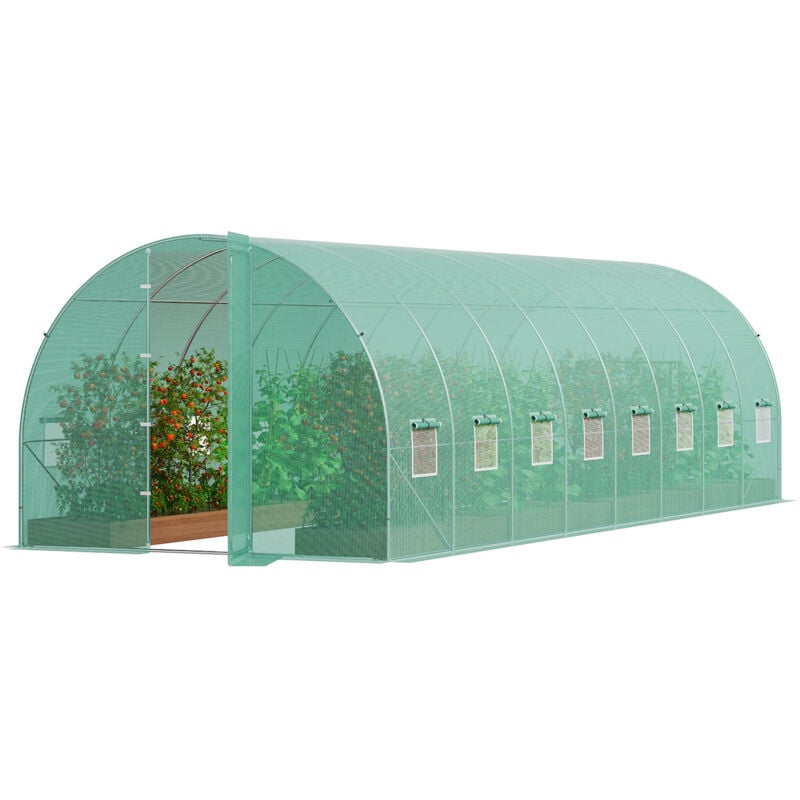 Mophorn - serre tunnel de plain-pied, 27,4 x 9,5 x 7,4 pieds, cadre galvanisé, couverture en pe vert, porte battante, 16 fenêtres, serre pour plantes
