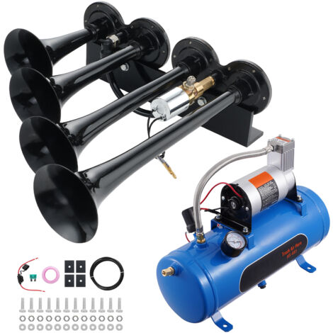 Mophorn Set Clacson da Camion Auto,Set da 4 Trombe Clacson 150 dB per Camioncini,Compressore deAria da 12V Pressione 120 PSI, Serbatoio 6 Litri con Manometro per Veicolo a 12V, Camion, Furgone, Barca