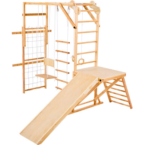 Mophorn Set da Gioco per Interni, Arrampicata con Scivolo, Altalena, Barra per Scimmie, Anelli da Ginnastica, Scala in Legno, Corda, Rete da Arrampicata e Barra, Capacità 100 kg