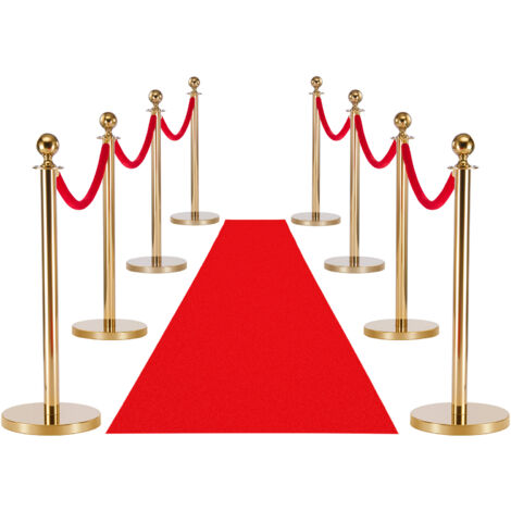 Mophorn Set di barriere di controllo della folla con tappeto rosso, 6 corde di velluto rosso, pali di sostegno in acciaio inossidabile dorato con base cava, ideale per eventi come teatri, 8 pezzi