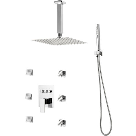 Mophorn Set doccia con sistema a pioggia, in acciaio inox da 254 mm, dotato di 6 getti laterali, doccetta, soffione girevole, 3 modalità di utilizzo, valvola in ottone e kit di finitura cromato